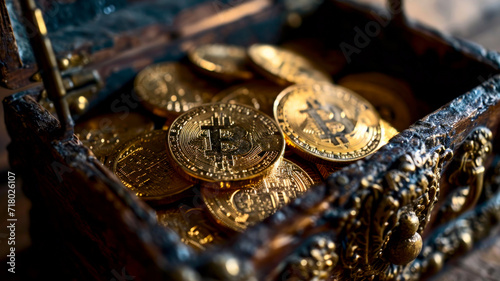 Old wooden chest full of golden Bitcoin - modern digital treasur