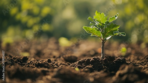 Close-Up: Planting an Oak Tree with a Detailed View of a Sapling's Roots Entering Rich Soil, Bathed in Gentle Sunlight Filtering Through Leaves