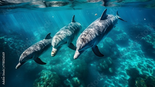 Bottle-nosed dolphins  Tursiops truncatus  Honduras underwater view 