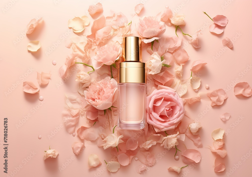 An empty glass container with a beautiful rose decoration on the side can be used as a cosmetic, parfume, and beauty product mockup. generative AI An empty glass container with a beautiful rose decoration on the side can be used as a cosmetic, parfume, and beauty product mockup. generative AI
