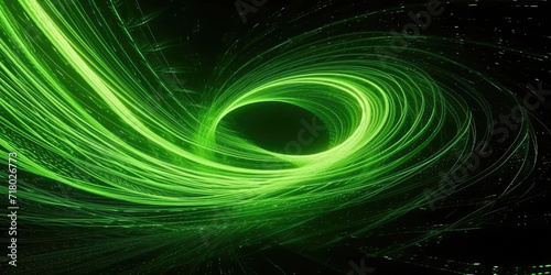 Green swirl light on a black background. Suitable for technology, abstract, motion graphics, and futuristic design projects. Vibrant and dynamic.
