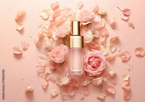 An empty glass container with a beautiful rose decoration on the side can be used as a cosmetic, parfume, and beauty product mockup. generative AI