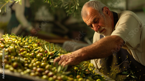 A skilled olive oil artisan carefully inspecting and grading freshly harvested olives, emphasizing the attention to quality control and the commitment to producing the finest olive photo