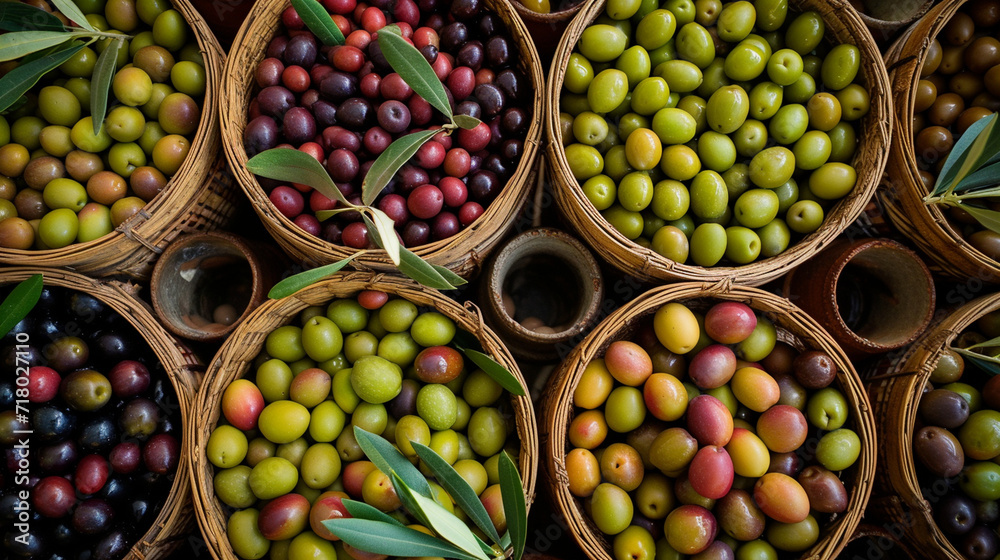 A symmetrical arrangement of freshly picked olives in baskets, creating a visually appealing composition that symbolizes the abundance and richness of the olive harvest.