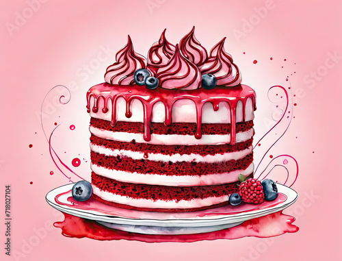 Photorealistic Pop Art Illustration - Red Velvet Cake with Surreal Swirls and Minimalist Chic Design Gen AI photo