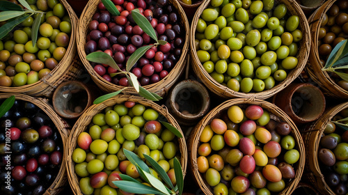 A symmetrical arrangement of freshly picked olives in baskets, creating a visually appealing composition that symbolizes the abundance and richness of the olive harvest.