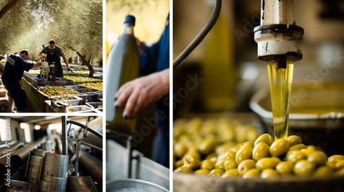 A sequence of images illustrating the step-by-step process of olive oil production, from harvesting in the groves to pressing and bottling, creating a visual narrative of the journ photo