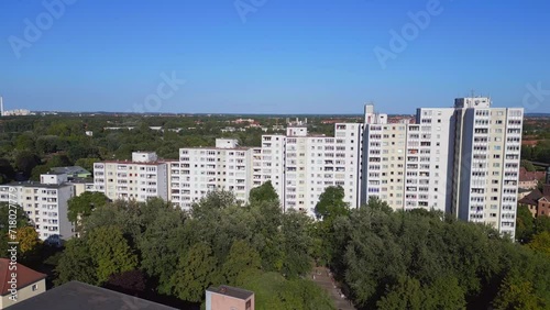 Prefabricated apartment buildings Sonnenallee Berlin. Amazing aerial top view flight descending drone
4k footage photo