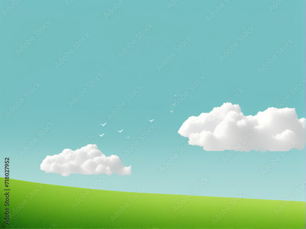 Summer landscape with green grass, blue sky, and fluffy clouds over a spacious meadow