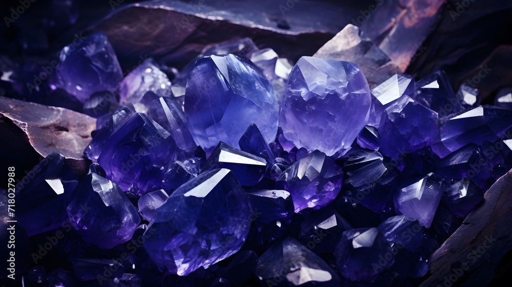 rough blue sapphire and diamonds gemstones crystals raw amethyst tanzanite dark background.
 - obrazy, fototapety, plakaty 