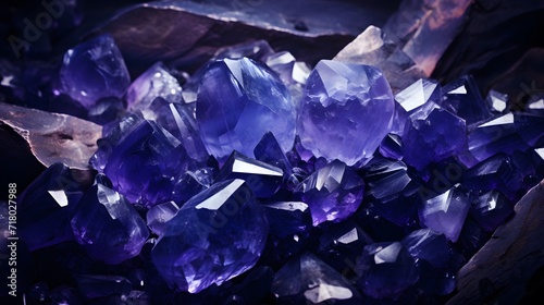 rough blue sapphire and diamonds gemstones crystals raw amethyst tanzanite dark background.
 photo
