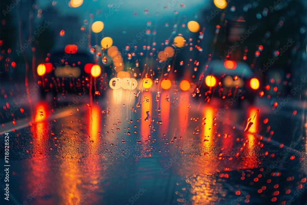 Obraz premium Evening commute Rainy weather on roads, city lights creating bokeh