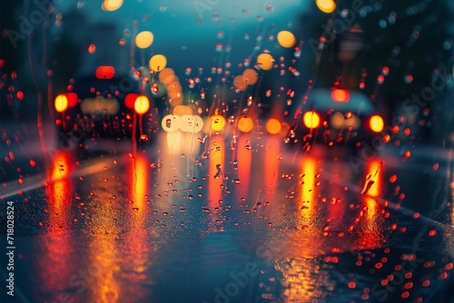Evening commute Rainy weather on roads  city lights creating bokeh