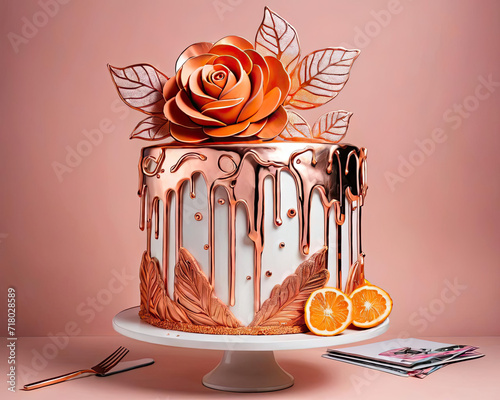 Realistic Pop Art Illustration of Rose Gold Cake with Paper Cutouts and Graffiti-inspired Doodles Gen AI photo