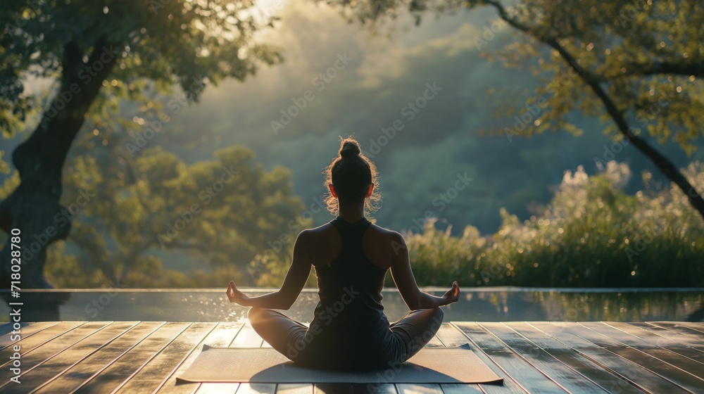 Fototapeta premium Dawn Meditation in Serene Natural Setting - Perfect for Yoga and Mindfulness