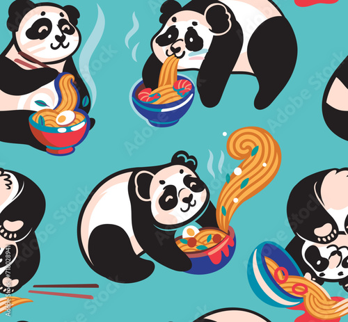 Cute pandas are eating ramen noodles. Seamless pattern in vector