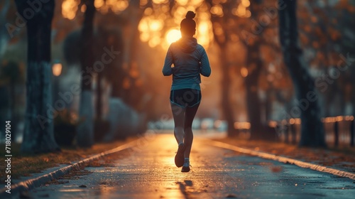 Urban Fitness at Dusk: Woman in Sports Gear on an Evening Jog with Urban Treadmill for Health and Wellness