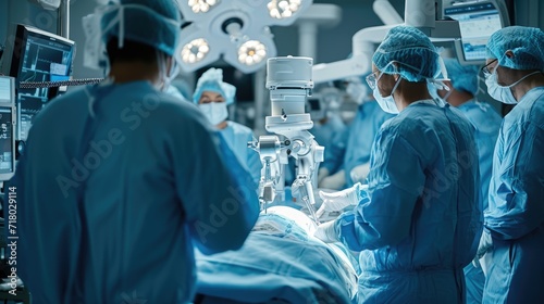 Surgeons performing operations on a operating table with robotic technology