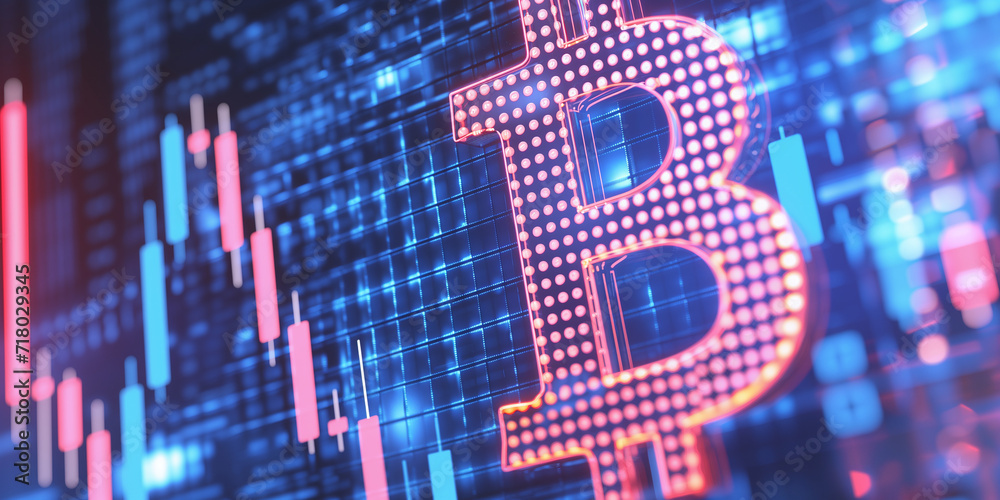 Bitcoin emblem glowing in neon against a backdrop of trading chart, showcasing market trends Bitcoin emblem glowing in neon against a backdrop of trading chart, showcasing market trends