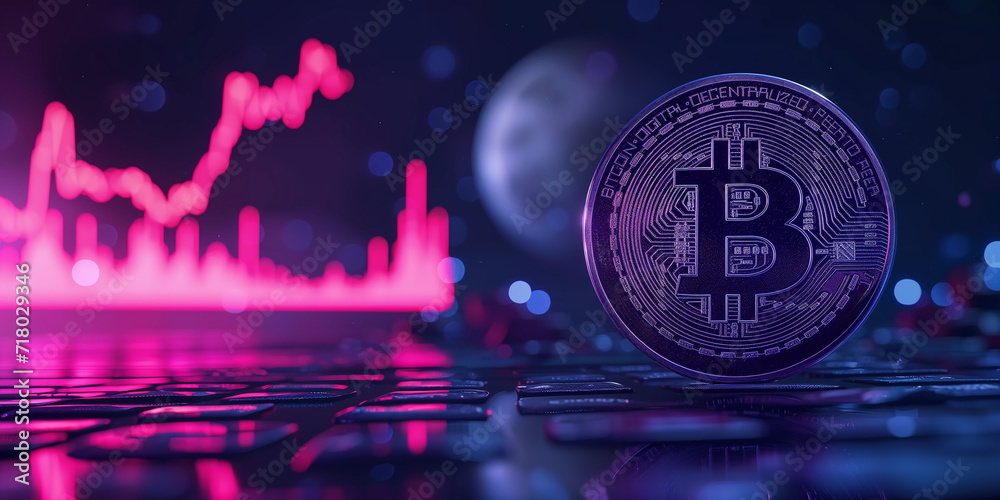 Illuminated Bitcoin coin with a vibrant pink stock market graph in a futuristic setting Illuminated Bitcoin coin with a vibrant pink stock market graph in a futuristic setting