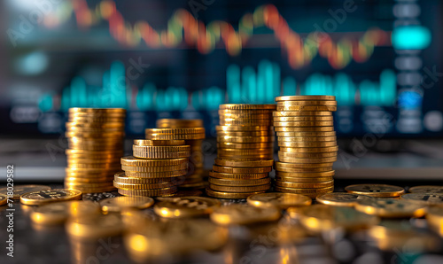 A golden bitcoin coins on the computer with a stock market chart graph in the bokeh background. Bitcoin spot ETF concept.