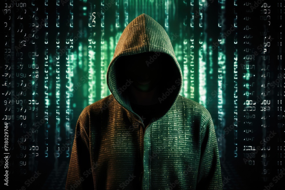 Hooded hacker with binary code on the background, Dark cyber crime concept background, Hacker and cyber security concept, Hacker in hoodie.