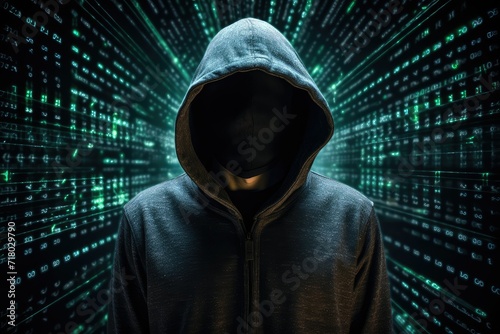 Dark cyber crime concept background. Hooded hacker with digital code and binary code on the background. Anonymous computer hacker over abstract digital background.  Cyber hacker.