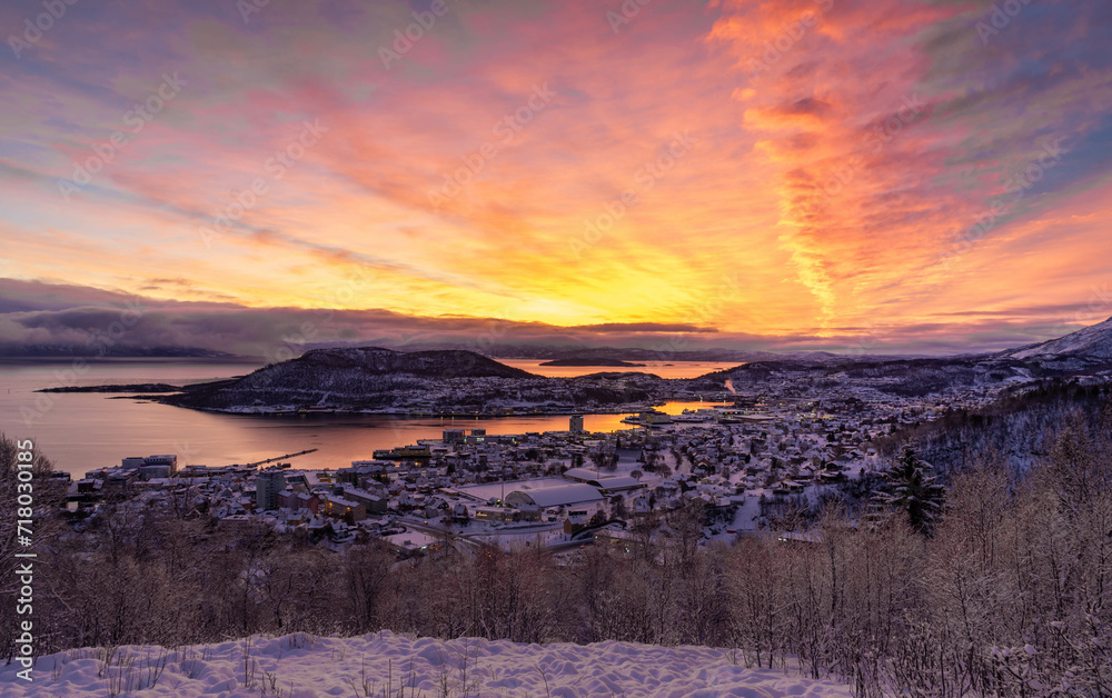 Scenic view of the sunrise over the arctic town of Harstad in Norway
