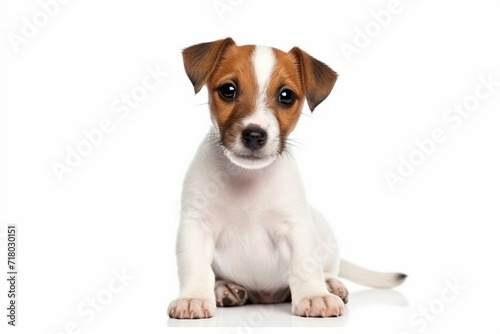 Cute adorable Jack Russell terrier puppy sitting with isolated on white background. Tiny small two months old pup. Dog close up, copy space. Concept pets love, animal life, humor.