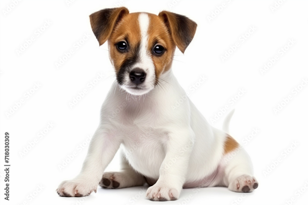 Cute adorable Jack Russell terrier puppy sitting with isolated on white background. Tiny small two months old pup. Dog close up, copy space. Concept pets love, animal life, humor.
