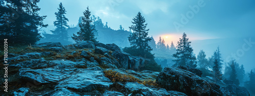 Mountain landscape with pine trees 