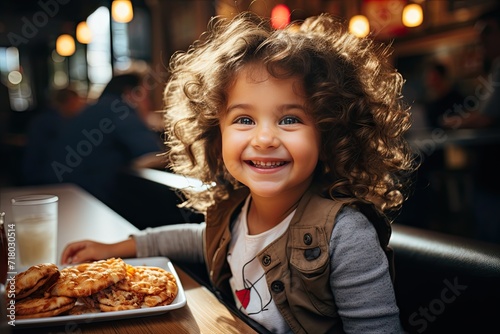 Cute happy little girl eating pizza in fast food cafe