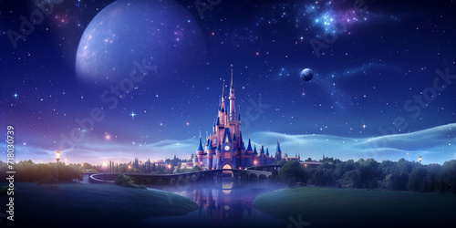 Fairy tale castle in mountains at night. Vector cartoon landscape of fairytale kingdom with rocks, trees and royal palace with towers and glowing windows. 3D style. Cartoon