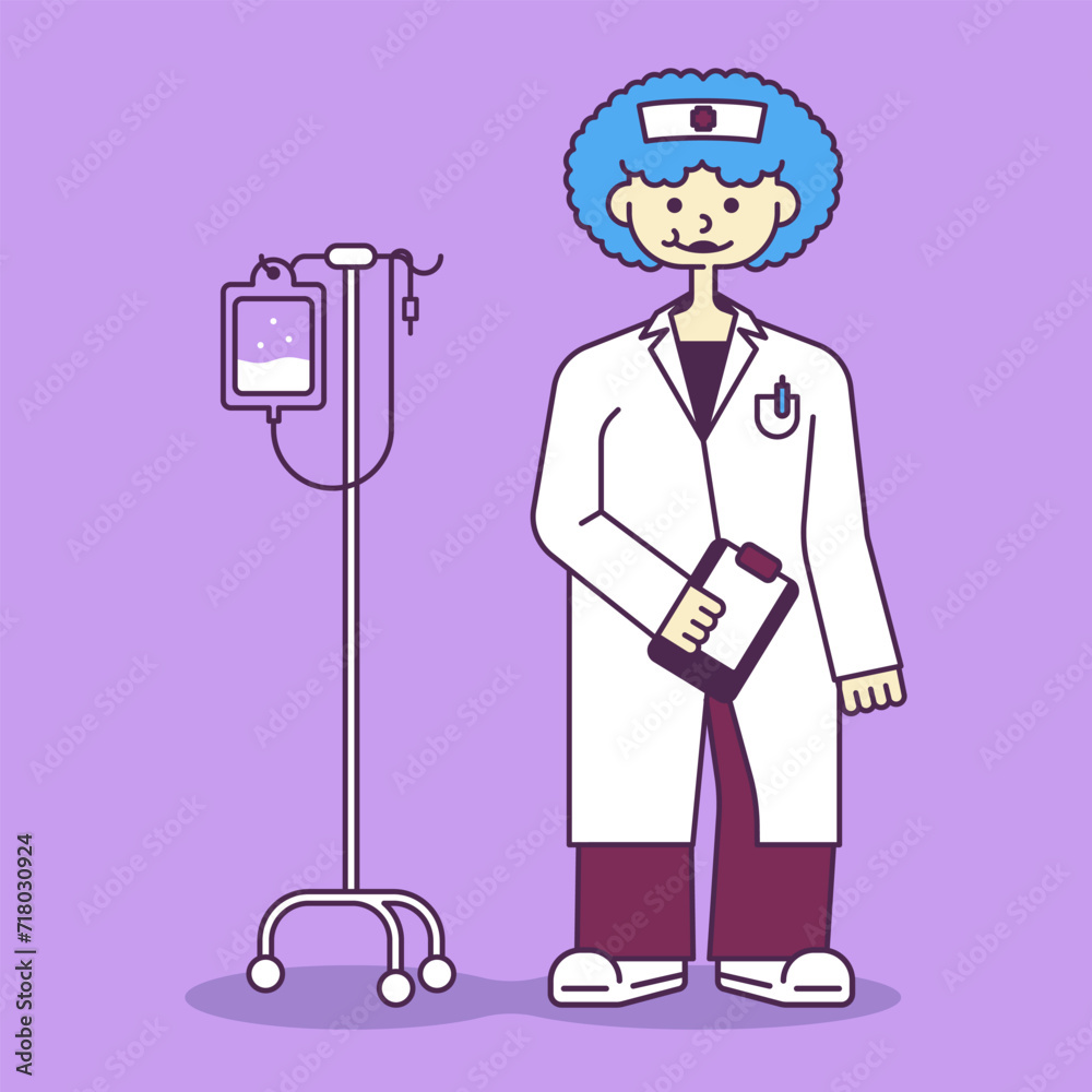 Poster with the image of a medical worker on a purple background. Doctor and dropper character illustration in flat style. Medical illustration of a person in a white coat.