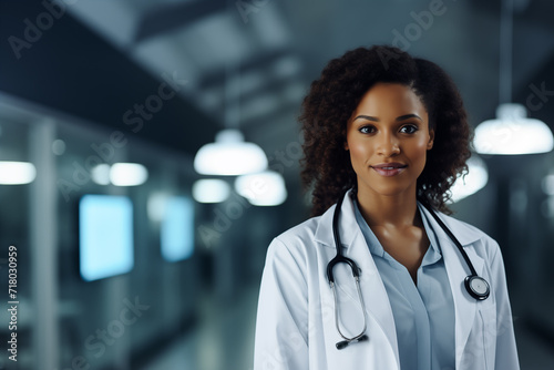 Portrait of a attractive young confident black female doctor in her 30s posing with a confident and warm expression in hospital wearing medical coat.
