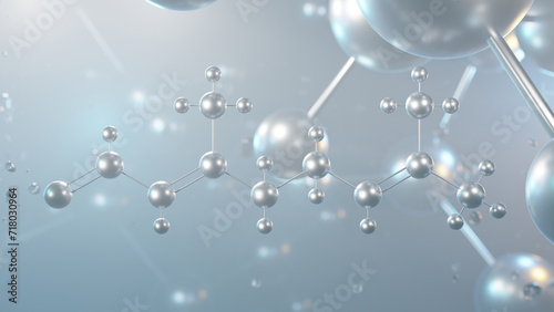 citral molecular structure, 3d model molecule, acyclic monoterpene aldehyde, structural chemical formula view from a microscope