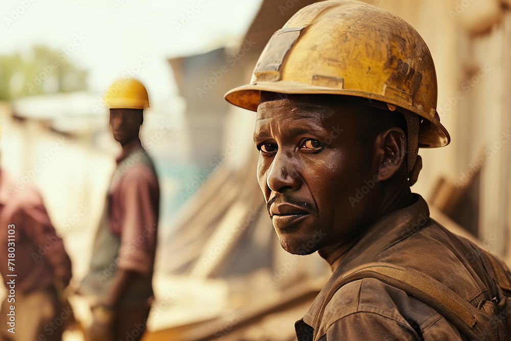 black african workers working outside. construction workers and engineers with safety helmets at a construction black african workers working outside. construction workers and engineers with safety helmets at a construction