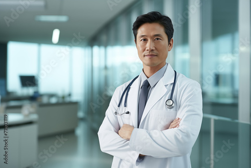 Portrait of a confident Asian male doctor in his 40s posing with a serious expression in hospital wearing medical coat.