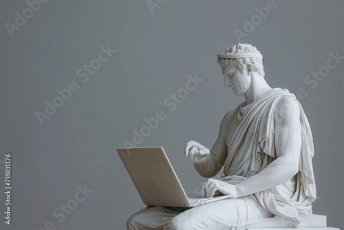 An antique ancient Greek statue working on a laptop in a stylish office. casual attire. Carved from white marble. isolated on background