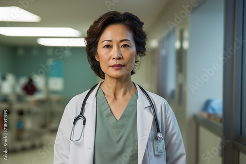 Portrait of a confident Asian female doctor in her 40s posing with a serious expression in hospital wearing medical coat.