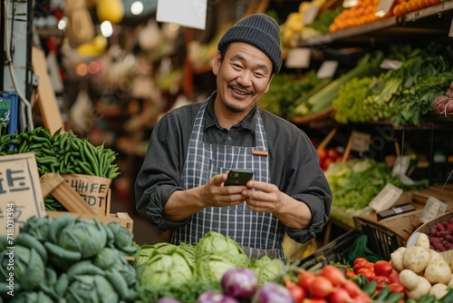 Asian man working as a greengrocer. Generative Ai.