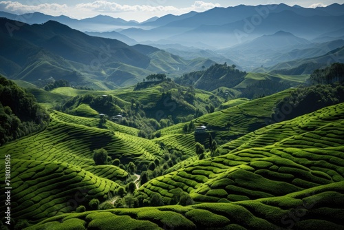 Spring tea plantations, Areal view with copy space