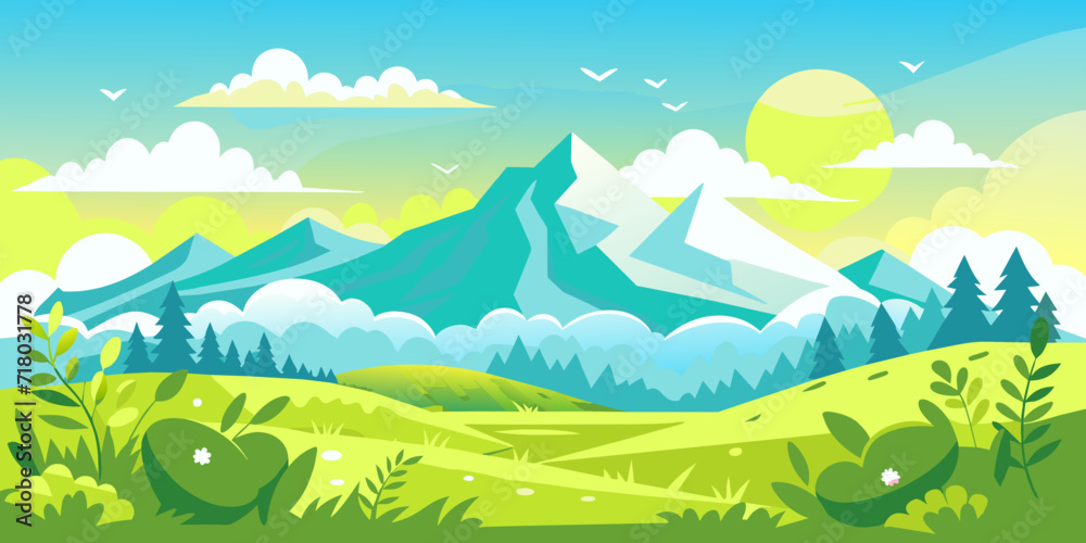 Nature landscape vector illustration with green meadow, trees and blue sky suitable for background. vector illustration