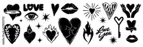 Heart linocut icon set, romantic gothic love y2k sign, 90s grunge texture print kit, flame, ribbon. Valentine Day aesthetic cut effect shape holiday boho engraving silhouette. Heart linocut collection