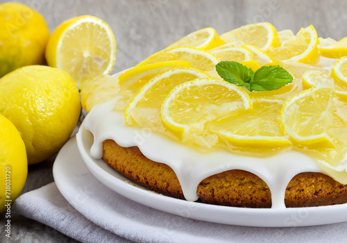 Lemon drizzle cake topped with lemon slices photo