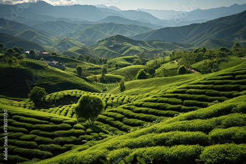 Spring tea plantations  Areal view with copy space