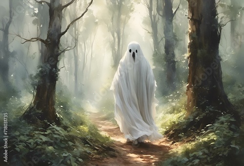 AI generated illustration of a Ghostly apparition walking through the ethereal landscape