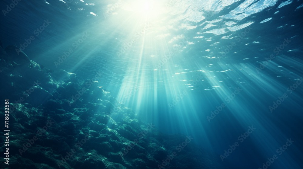Obraz premium Sunbeam vertical Abstract underwater backgrounds in the sea, Ai generated image