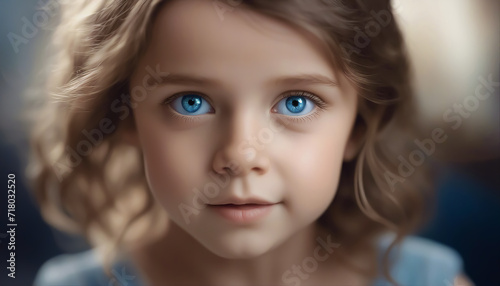 Girl with blue eyes. Little girl close up. Big blue eyes. Magical look. Selective focus. AI generated