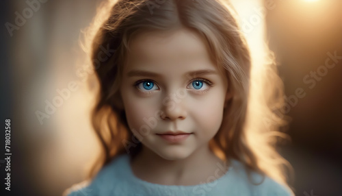 Girl with blue eyes. Little girl close up. Big blue eyes. Magical look. AI generated